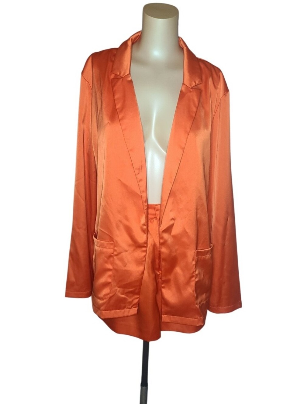 GLAM Orange Satin Blazer & Shorts 2-Piece Set Large Pleated High Waist Co-ord